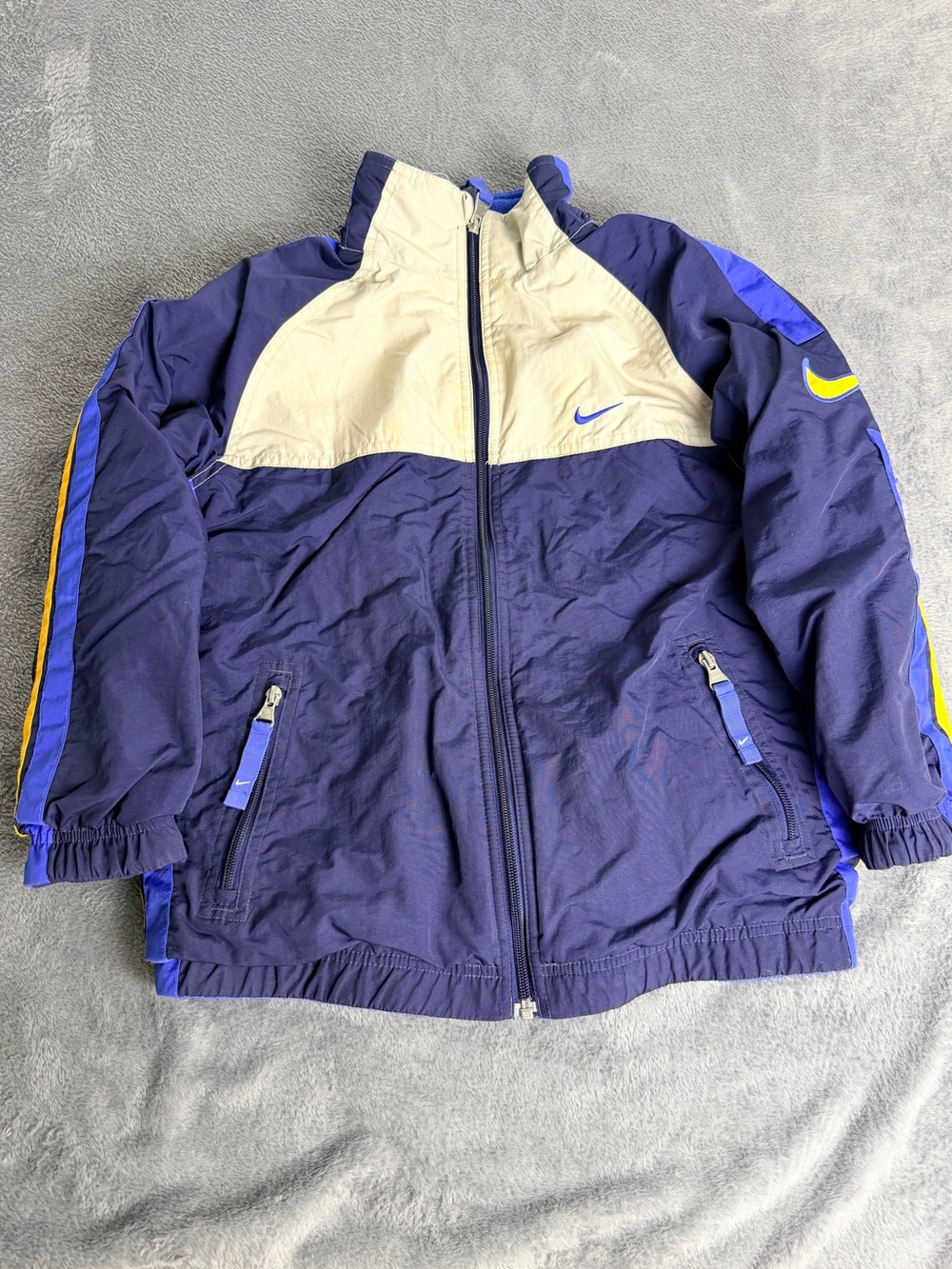 Vintage Nike Youth Reversible Zip Jacket Coat Blue Boys Logo Yellow 90s Y2K S